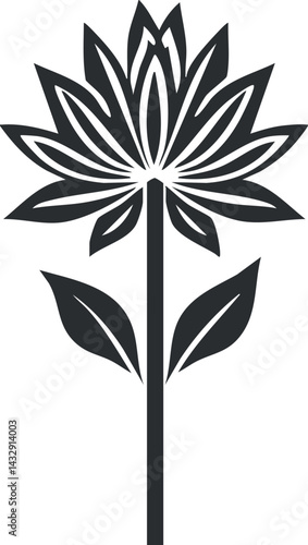 Black and white stylized lotus flower graphic with detailed petals and two leaves on stem