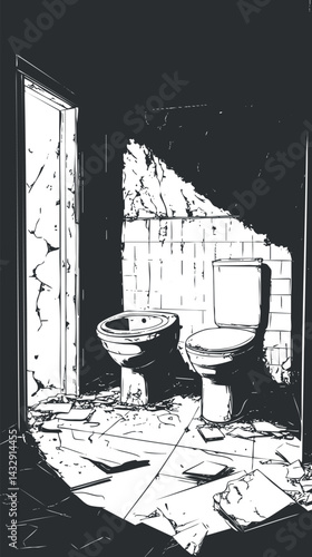 Interior of a broken and abandoned bathroom with damaged toilet and bidet surrounded by debris and cracked tiles