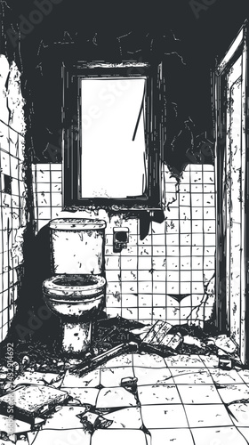 Old abandoned bathroom with broken toilet and damaged tiled walls in a state of decay