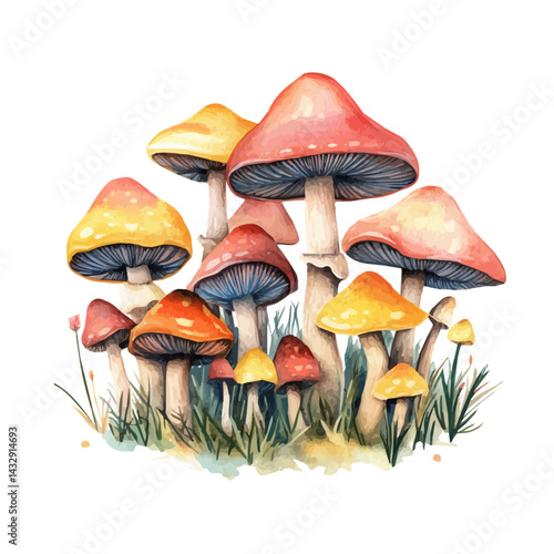 illustration of An Endless Field Of Glowing Mushrooms, watercolor vector, isolated on a white background.