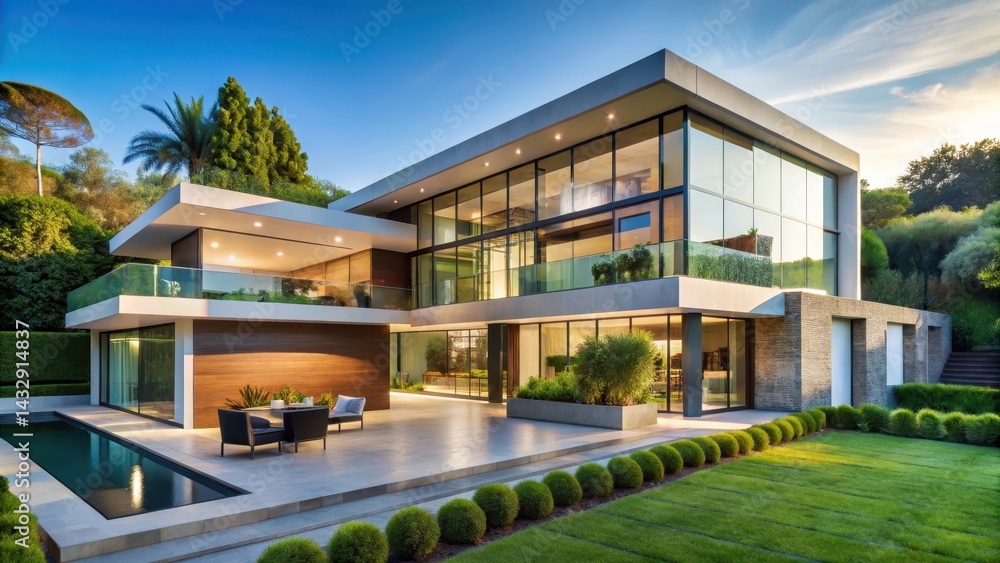 Fototapeta premium Modern luxury mansion with sleek glass facade and lush greenery in Beverly Hills