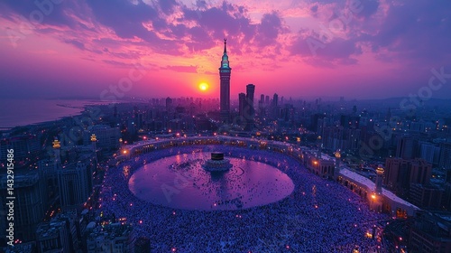 Sunset over Mecca: A breathtaking aerial view of the Grand Mosque during twilight, showcasing the majestic Abraj Al-Bait Clock Tower and the vast congregation of pilgrims.