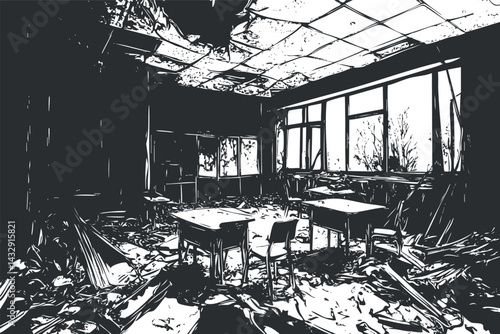 Abandoned classroom with broken desks and chairs in a ruined, dilapidated school interior filled with debris