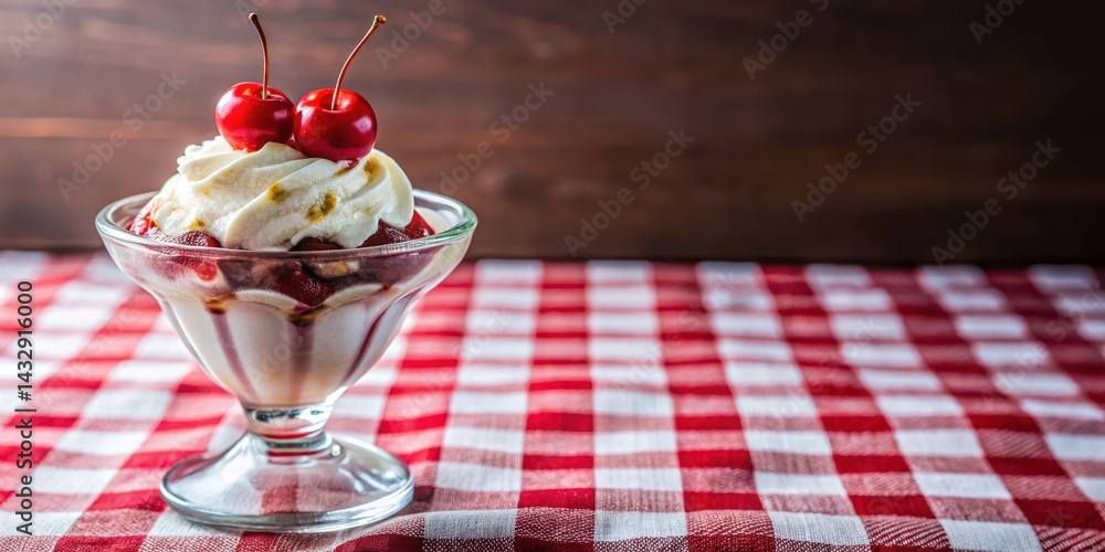 Delicious sundae with cherry on top placed neatly on a tablecloth, sweet treat, cherry, sweet treat
