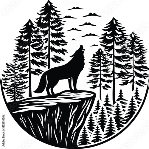 "Elegant fox silhouette walking through a mystical forest at night under a starry sky, howling on a cliff with glowing eyes, vector illustration"