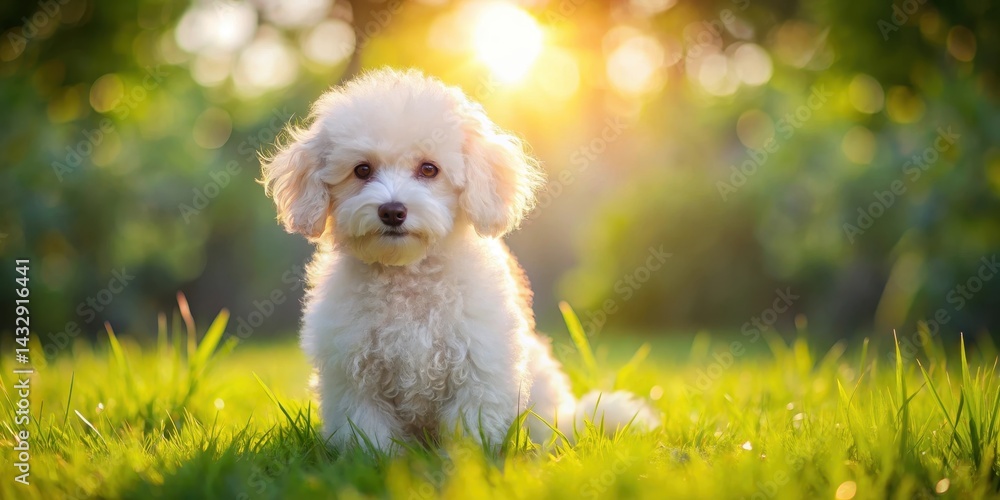 Fluffy white poodle puppy sitting on lush green grass with a sunny background and gentle gaze , animal, playful, animal, playful, cute