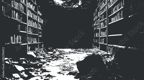 Black and white image of an abandoned library room with bookshelves and debris scattered on the floor