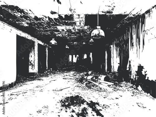 Abandoned and dilapidated industrial interior with decayed walls and ceiling in dark empty hallway