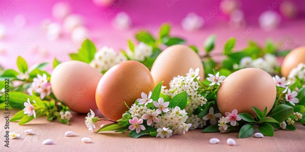 Fresh eggs on a vibrant pink background, surrounded by green leaves and flowers