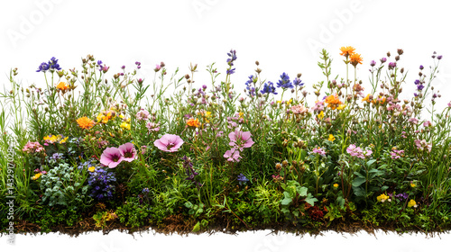 Bush of grass and wildflowers isolated on white background