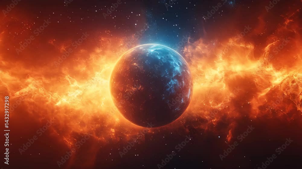 A mesmerizing cosmic event unfolds as a planet with blue oceans and fiery flames appears amidst swirling gas clouds. The vivid colors create a captivating spectacle in space. A mesmerizing cosmic event unfolds as a planet with blue oceans and fiery flames appears amidst swirling gas clouds. The vivid colors create a captivating spectacle in space.