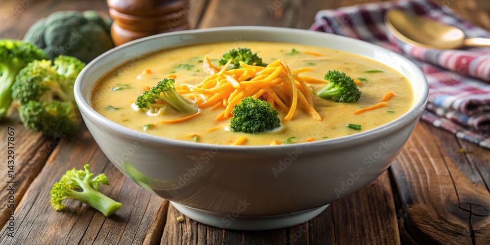 Steaming bowl of creamy broccoli cheddar soup with a generous helping of shredded cheddar cheese on top and a sprinkle of paprika around the edges , creamy soup, warm bowl
