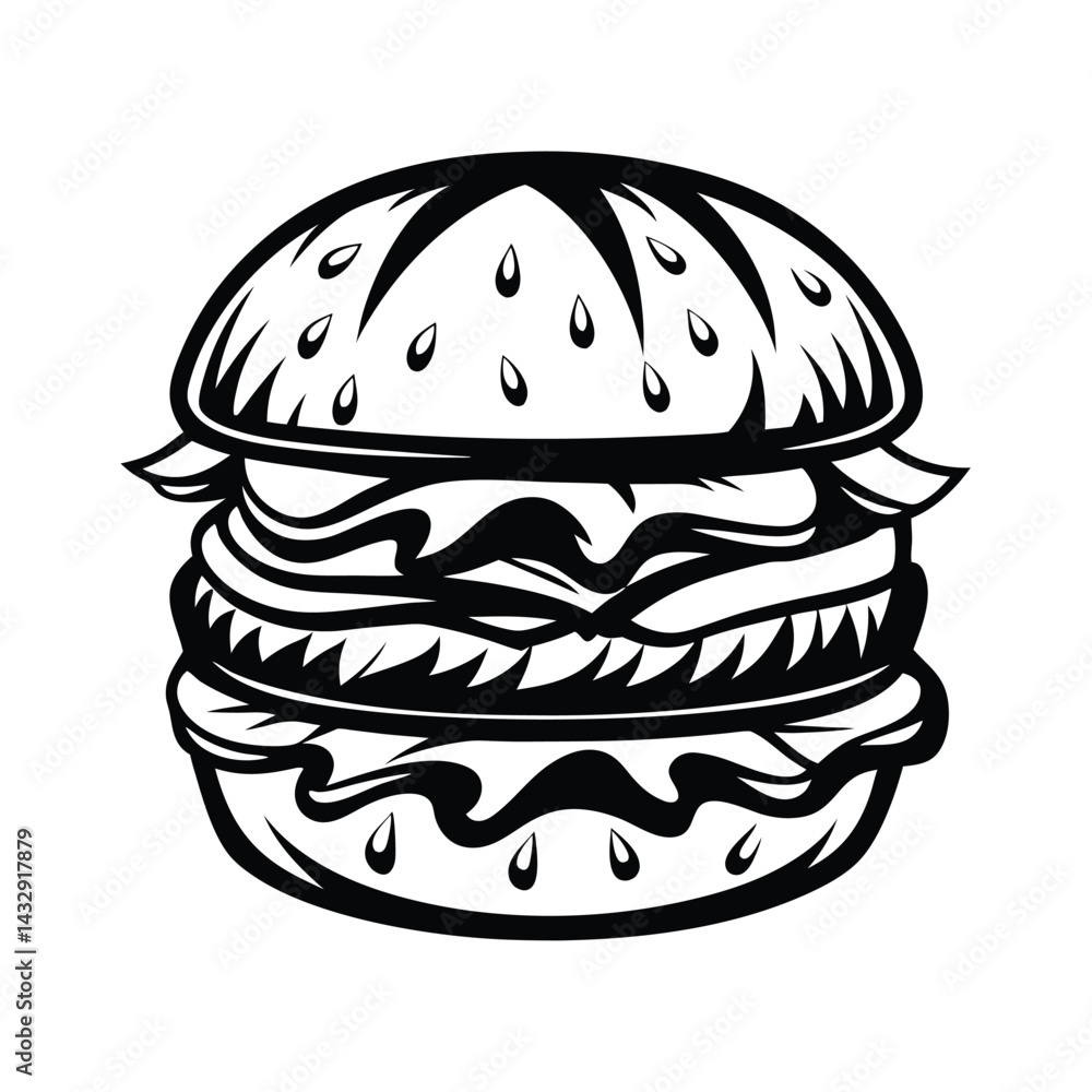Monochrome Delicious Burger with Layers of Meat, Cheese, and Lettuce Design Monochrome Delicious Burger with Layers of Meat, Cheese, and Lettuce Design