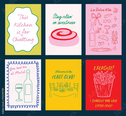Whimsical food posters featuring hand-drawn doodle illustrations of wine, fries dining art paired with fun quotes. Minimalist colorful art for kitchen, café, restaurant wall décor, t-shirt designs