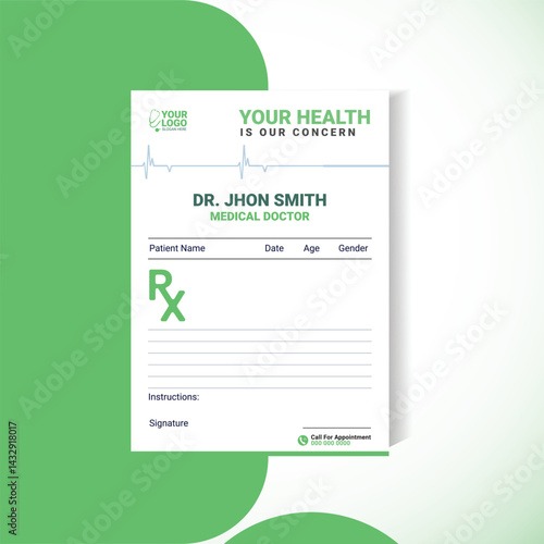 Modern Prescription Pad Template | Clean Green Medical Layout (A5 Size)