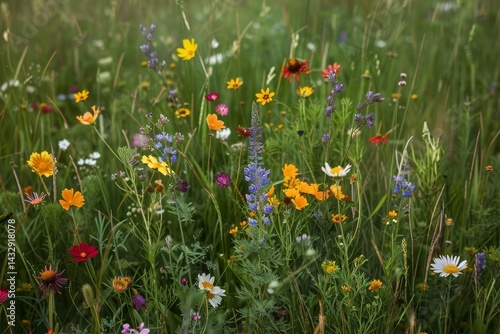 A close-up view of wildflowers blooming in a lush meadow, Sparse patches of wildflowers peeking through the grass