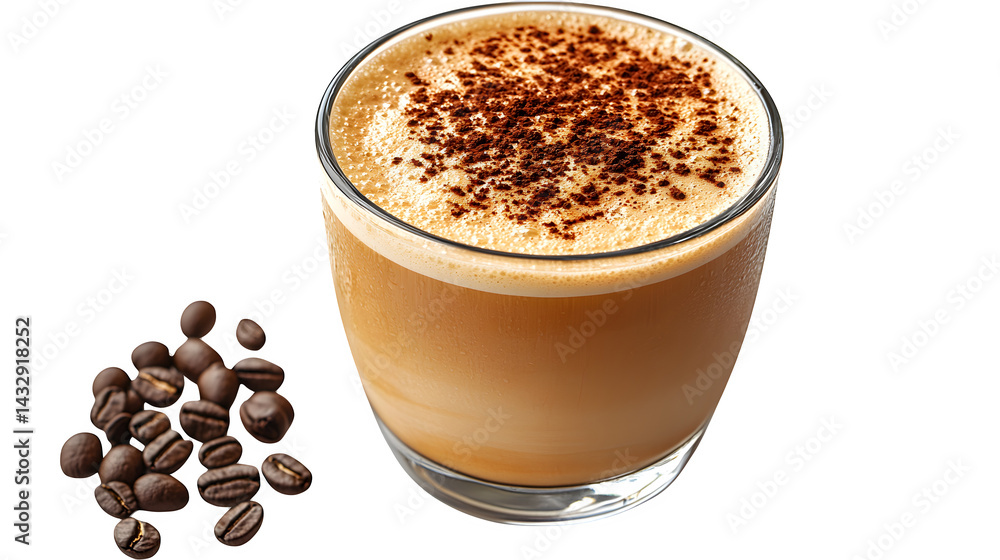 Cappuccino coffee top view in a glass cup with frothy milk, hot beverage, isolated on white background Cappuccino coffee top view in a glass cup with frothy milk, hot beverage, isolated on white background
