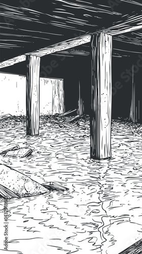 Flooded basement interior with wooden pillars submerged in water showing damage and risk