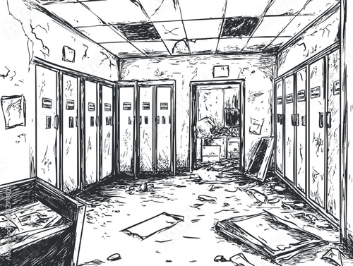 Black and white sketch of an abandoned locker room with broken lockers and scattered debris on the floor