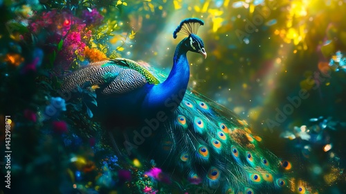 A majestic peacock displaying its colorful plumage amidst vibrant flowers in a serene, sunlit garden.