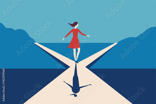 girl balancing on rail beside flooded road .eps
