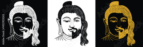 The split face of Buddha (Buddhism) and Jesus (Christ) represents the theme of transformation, duality and the spiritual path. Three designs (gold, white, black) in contrasting shades.