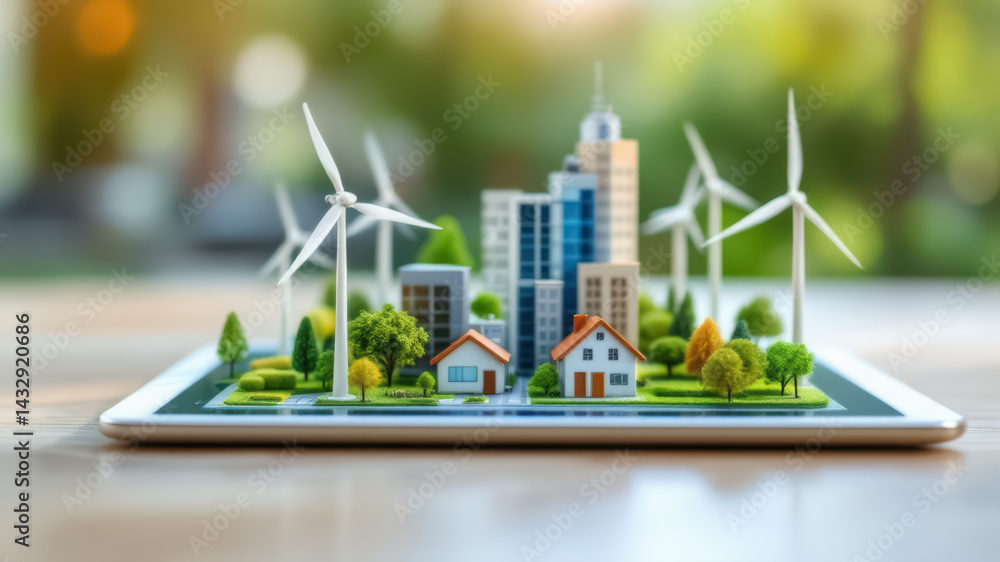 Miniature wind turbines and environmental buildings on a digital tablet