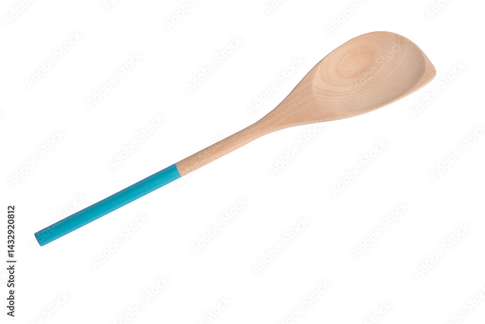 Wooden empty spoon with blue aqua color handle isolated on white background, wooden spoon template, copy space Wooden empty spoon with blue aqua color handle isolated on white background, wooden spoon template, copy space