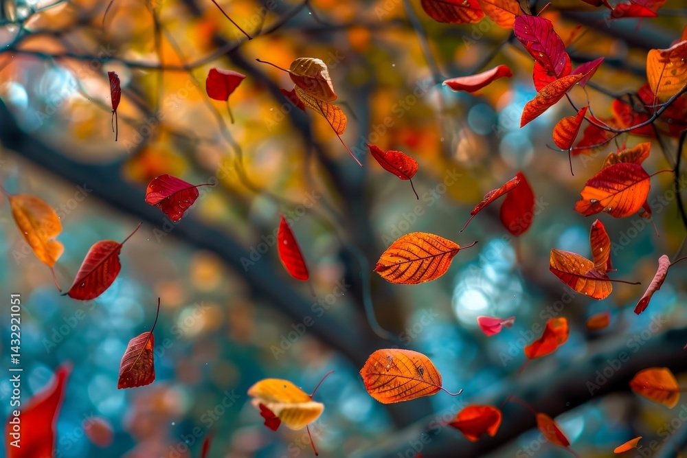 Red and orange leaves gracefully fall from a tree in the autumn season, Vibrant red and orange leaves gently falling from a tree Red and orange leaves gracefully fall from a tree in the autumn season, Vibrant red and orange leaves gently falling from a tree