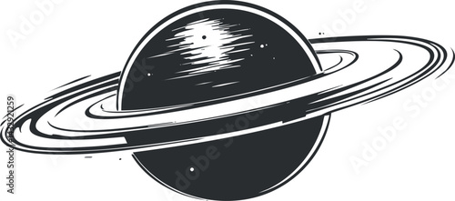 Black and white illustration of a planet with rings resembling Saturn in space with stars