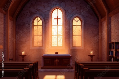 Church Interior with Alter, Window, Pews