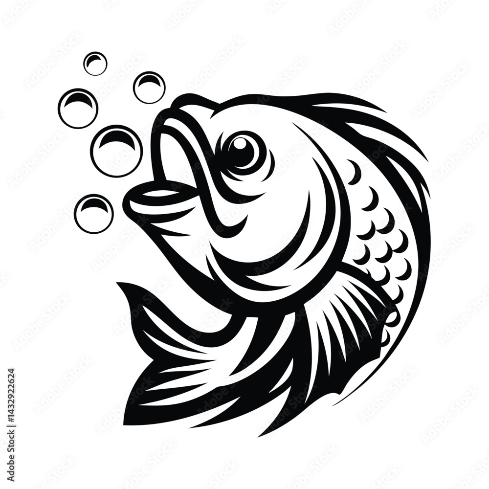 Naklejka premium Black Silhouette Fish Illustration, Bubbles Ascending, Detailed Fins and Open Mouth