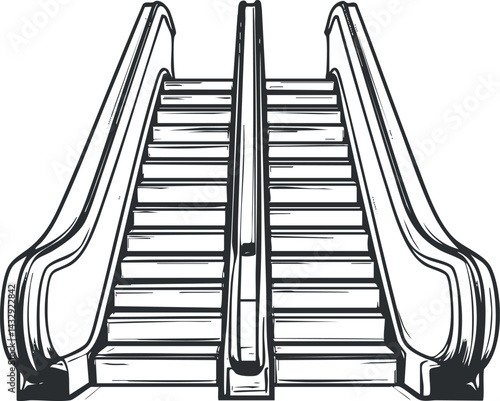 Black and white sketch of an escalator with steps and handrails for upward and downward movement in public spaces