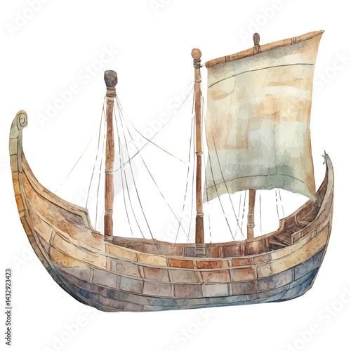 watercolor vector of Ancient Stone Ships From Middle-Earth Civilizations, isolated on a white background.