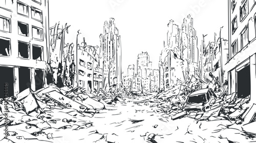 Black and white sketch of a destroyed urban city street with collapsed buildings and debris.