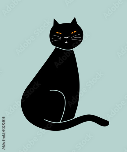 Black cat sitting, sly feline vector illustration.