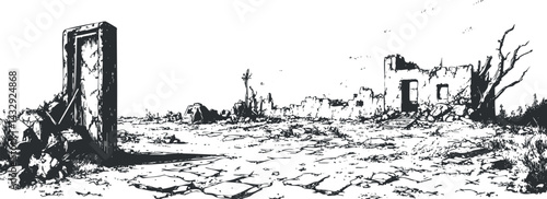 Black and white sketch of an abandoned ruined landscape with cracked ground, empty ruins, and dead trees