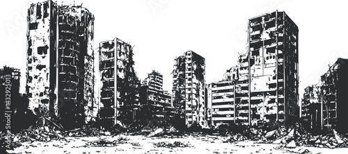 Black and white illustration of destroyed urban buildings showing postapocalyptic city ruins and devastation