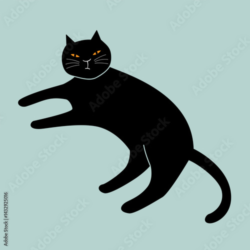 Black cat laying down, sly feline vector illustration.