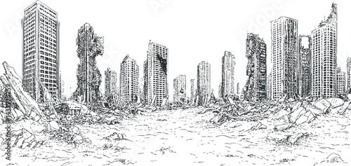Black and white sketch of a post-apocalyptic city with destroyed high-rise buildings and rubble