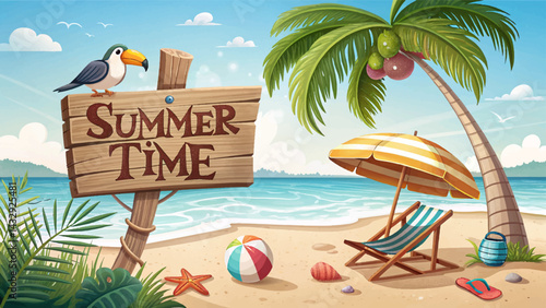 Summer Beach Illustration with Directional Sign and Palm