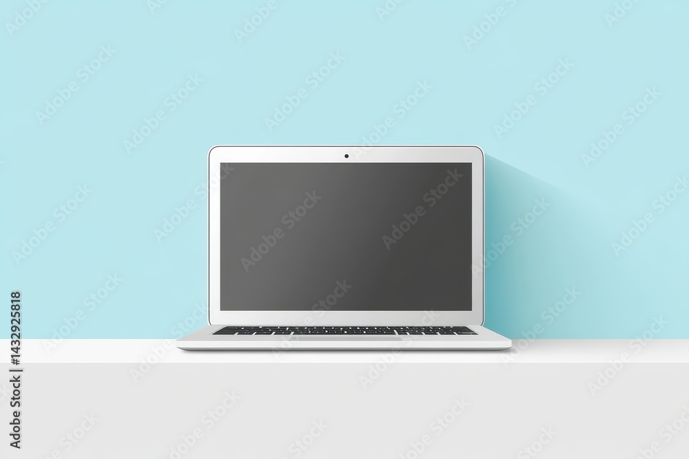 A silver laptop with a dark screen sits on a white surface against a light blue wall. A silver laptop with a dark screen sits on a white surface against a light blue wall.