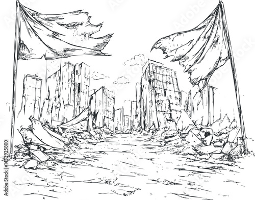 Black and white sketch of a destroyed city with torn flags and rubble in a post apocalyptic scene