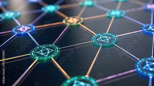 Intricate geometric design featuring glowing, interconnected shapes in various colors against a dark background.