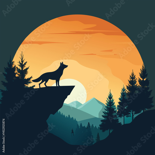 "Elegant fox silhouette walking through a mystical forest at night under a starry sky, howling on a cliff with glowing eyes, vector illustration"