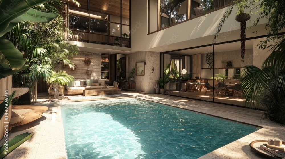 custom made wallpaper toronto digitalModern tropical house with indoor pool, patio, and lush greenery.
