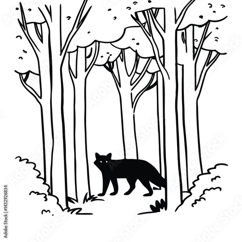 "Elegant fox silhouette walking through a mystical forest at night under a starry sky, howling on a cliff with glowing eyes, vector illustration"