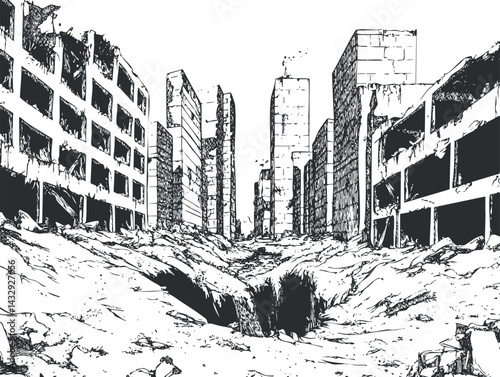 Black and white sketch of a destroyed city with ruined buildings and a large crater in the center