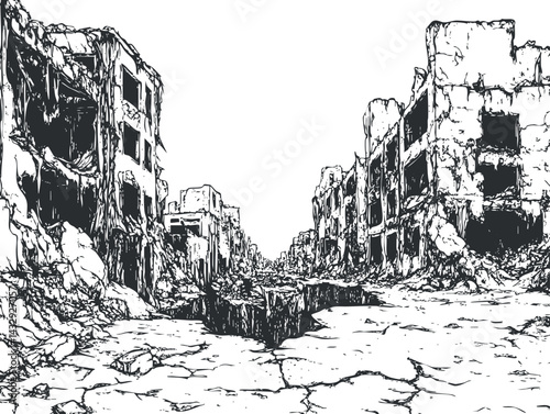 Black and white illustration of an apocalyptic urban scene with destroyed and crumbling buildings