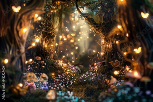 Fototapeta Naklejka Na Ścianę i Meble -  A magical forest path lined with glowing fairy lights, inviting you to step into a world of enchantment, A whimsical forest filled with magical creatures and twinkling fairy lights